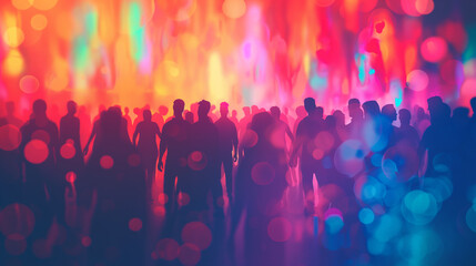 An abstract, vibrant background with a crowd of people dancing on party