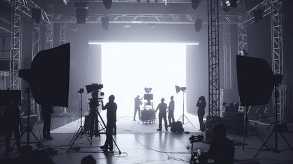 Commercial video film movie making lighting set professional studio production big working people silhouette scenes behind television camera motion picture equipment crew photo light