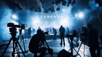 Commercial video film movie making lighting set professional studio production big working people silhouette scenes behind television camera motion picture equipment crew photo light