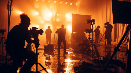 Commercial video film movie making lighting set professional studio production big working people silhouette scenes behind television camera motion picture equipment crew photo light