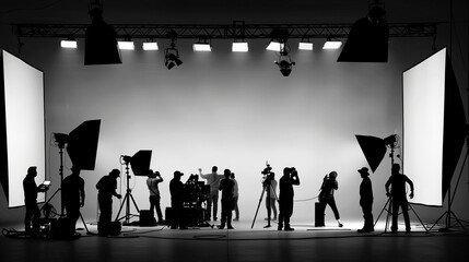 Commercial video film movie making lighting set professional studio production big working people silhouette scenes behind television camera motion picture equipment crew photo light