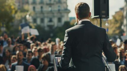 Man doing a speech outdoor in front of a crowd of members of a political party