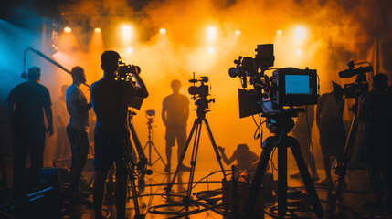 Commercial video film movie making lighting set professional studio production big working people silhouette scenes behind television camera motion picture equipment crew photo light