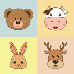 Set of cute animal cards for kids with bear, cow, rabbit and deer
