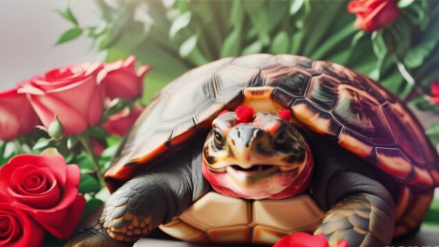 tortoise with red roses and heart ,generative ai