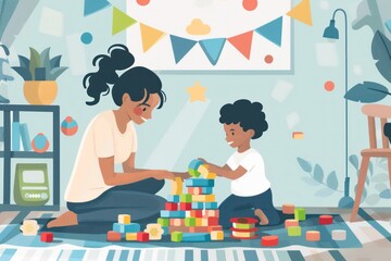 Flat design illustration of a caregiver playing with a small child, engaging in imaginative play with colorful toys. The scene captures the joy and creativity of playtime, emphasizing the bond