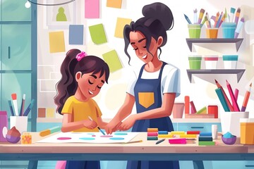 Flat design illustration of a caregiver and child engaged in a creative arts and crafts activity. The scene shows the caregiver guiding the child in making a colorful craft project, with art supplies