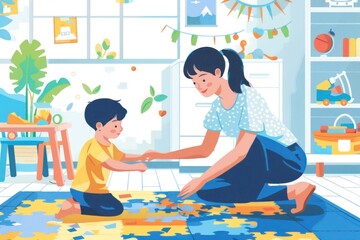 Flat design illustration of a caregiver helping a small child with a puzzle. The scene captures the collaborative effort and concentration of the caregiver and child as they work together to solve