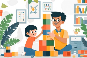 Flat design illustration of a caregiver and child playing with building blocks. The scene captures the focus and teamwork as they construct a tall tower together. The background features a playful