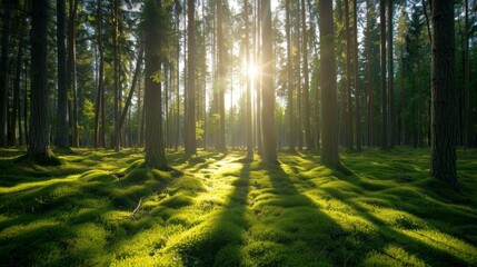 Fototapeta premium Sunlight filters through tall forest trees, casting long shadows on the moss-covered ground, creating a serene and tranquil atmosphere. 