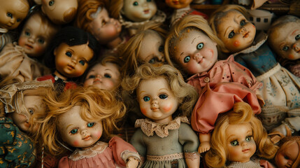 Vintage porcelain dolls in various outfits with expressive faces