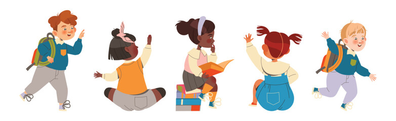 Boy and Girl First Grader with Backpack Cheering and Having Fun Vector Illustration Set