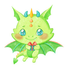 Kind Green Dragon flies and smiles. Character holding a gift box with a bow. Cute Watercolor mythical animal isolated on a white background. Children character design for card, print on t-shirt, bag