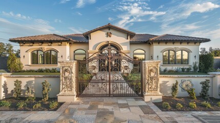 Obraz premium ranch-style home with an ornate, wrought-iron front gate that adds an element of grandeur to the simple facade