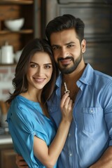 Naklejka premium A young couple joyfully holds house keys, standing close together in a contemporary kitchen, conveying happiness and excitement