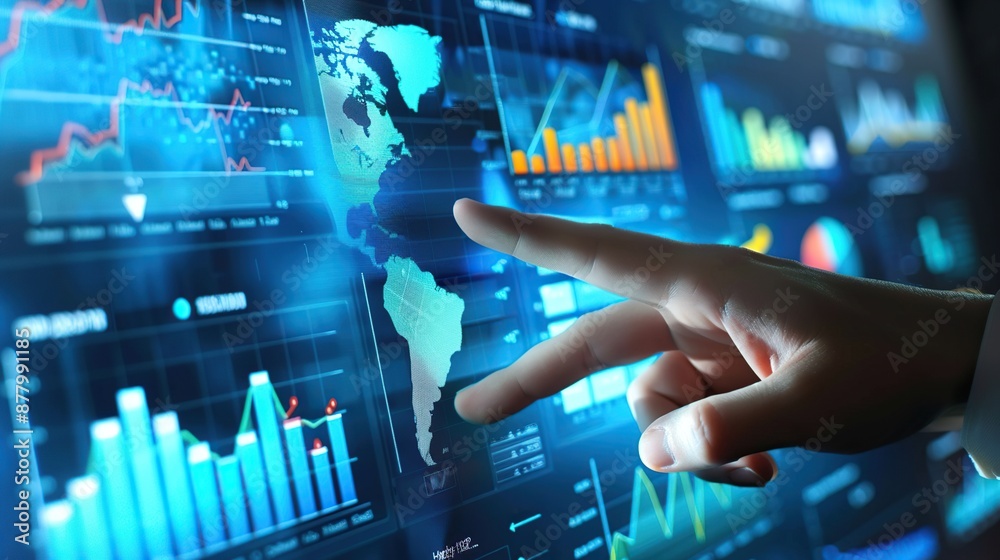 Poster Fingertip Interacting With Futuristic Digital Interface Of Global Business Analytics