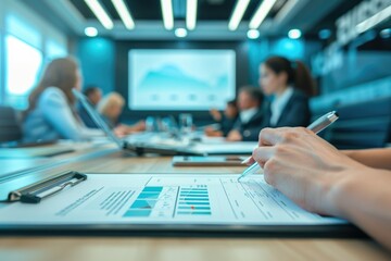 Business Meeting with Focus on Note Taking and Financial Reports in a Professional Conference Room