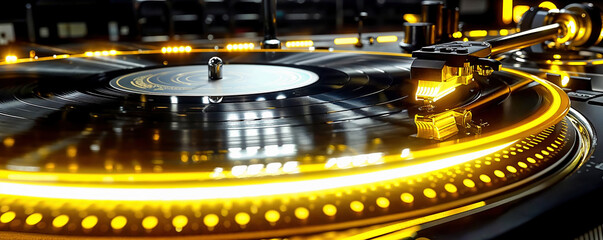 gros plan sur une platine vinyle futuriste et sa tête de lecture - jaune et noir