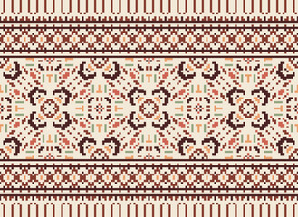 Obraz premium Pixel Geometric ethnic oriental ikat seamless pattern traditional Design for background,carpet,wallpaper,clothing,wrapping,Batik,fabric,Vector illustration.