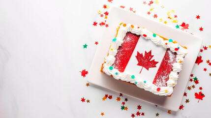 Large rectangular cake with a picture of the flag of Canada on white table, top view, copy space