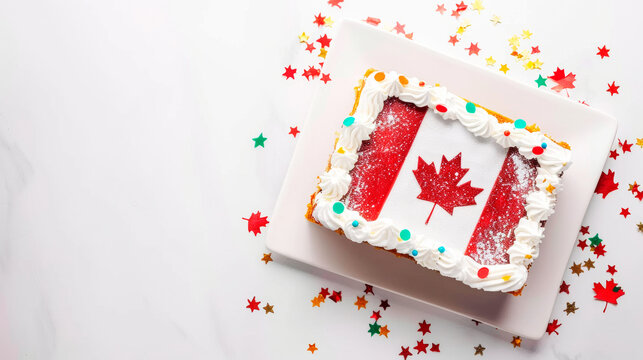 Large rectangular cake with a picture of the flag of Canada on white table, top view, copy space