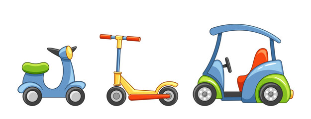 Colorful Illustration Of Three Cute Vehicles For Kids, Scooter, Kick Scooter And Car. Bright And Cheerful Transport