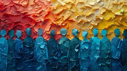 Fototapeta premium Banner background of a colorful crowd of people made of cut-out paper representing a dense mob gathered at a public event 