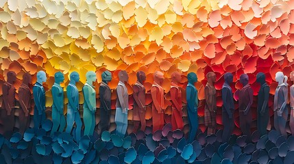 Fototapeta premium Banner background of a colorful crowd of people made of cut-out paper representing a dense mob gathered at a public event 