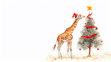 Fototapeta premium Watercolor painting of a giraffe wearing a Santa hat is standing in front of a Christmas tree. The giraffe is looking at the tree and he is curious about the decorations.