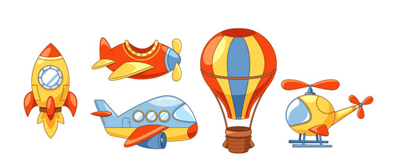 Adorable Cartoon Set Of Transportation Elements Including A Rocket, Airplane, Hot Air Balloon, And Helicopter