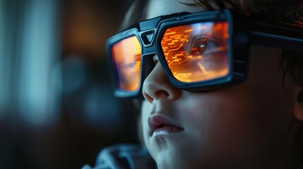 Close-up of a child wearing VR glasses with a reflection of a virtual world. Concept of technology, gaming, and virtual reality.