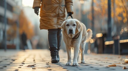Person walking a Labrador dog on a city street during autumn, showcasing outdoor activities in an urban environment.