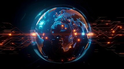 Obraz premium A vibrant illustration of a global communication network showcasing interconnected digital nodes and pathways across the world, symbolizing seamless digital connections and data exchange.