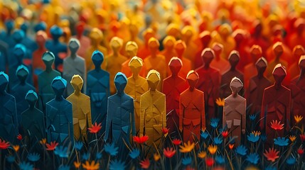 Fototapeta premium Banner background of a colorful crowd of people made of cut-out paper representing a dense mob gathered at a public event 