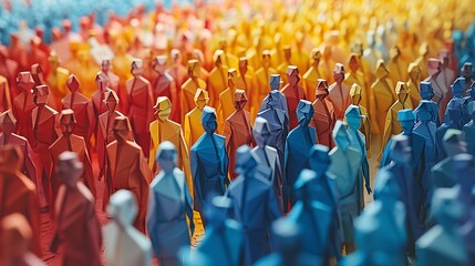 Fototapeta premium Banner background of a colorful crowd of people made of cut-out paper representing a dense mob gathered at a public event 