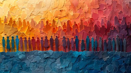  Banner background of a colorful crowd of people made of cut-out paper representing a dense mob gathered at a public event 