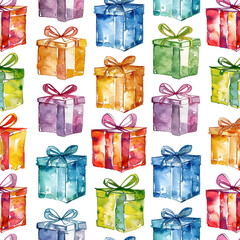 Watercolor painting seamless pattern of many boxes with bows on them. The painting conveys a sense of joy and celebration.