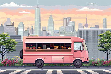 Obraz premium Gourmet food truck on city street with flat design