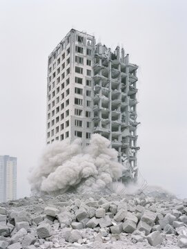 A high-rise building being demolished, surrounded by debris and dust, against a gray sky background, symbolizing urban redevelopment.