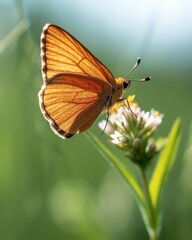 Fototapeta premium Close-up of an orange butterfly perched on a flower against a blurred green background, showcasing nature's beauty and delicate details.