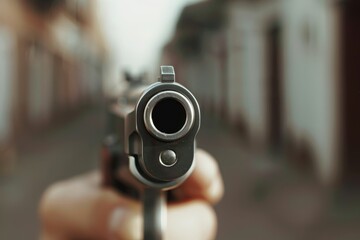 Close-up view of a handgun barrel aimed directly at the camera, with a blurred urban background in the distance.