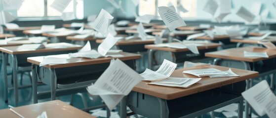 Empty classroom with papers flying around, conveying chaos and disarray. A modern educational setting is captured in this dynamic photo.