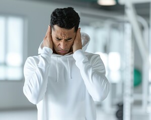 Obraz premium Man in white hoodie with a pained expression, holding his head in his hands in a bright indoor setting, possibly a gym or fitness center.