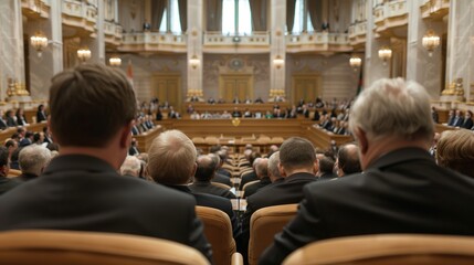 Officials attending a parliamentary session in a grand hall, focusing on important political discussions and decision-making processes.