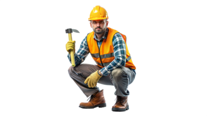 Construction Worker in Safety Gear Holding Hammer