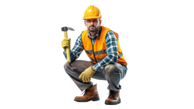 Construction Worker in Safety Gear Holding Hammer