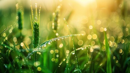 Artistic macro of dew drops on young wheat in a field with soft blurred warm morning sunlight in the background