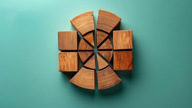 Wooden blocks arranged in a circle on a blue background.  The blocks form a geometric pattern.  Photo represents unity, collaboration, teamwork or strategy.