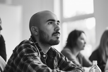 A person sitting at a table with a bottle of water, often used in everyday life scenarios or educational settings