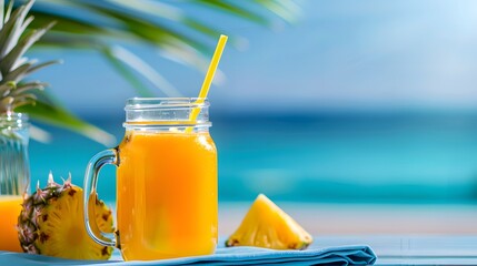 Pineapple juice served in a mason jar with a straw, placed on a beach table with a view of the ocean and palm trees.
